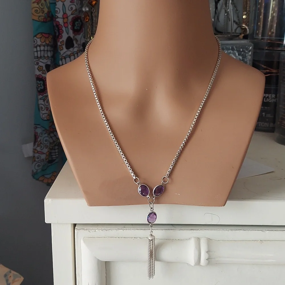 Handcrafted Sterling Silver Amethyst dangle Box Chain Necklace  New